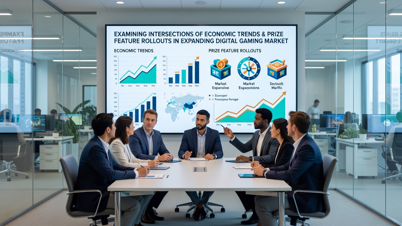 Global digital gaming market expansion map with highlighted prize feature rollout zones and economic trend overlays