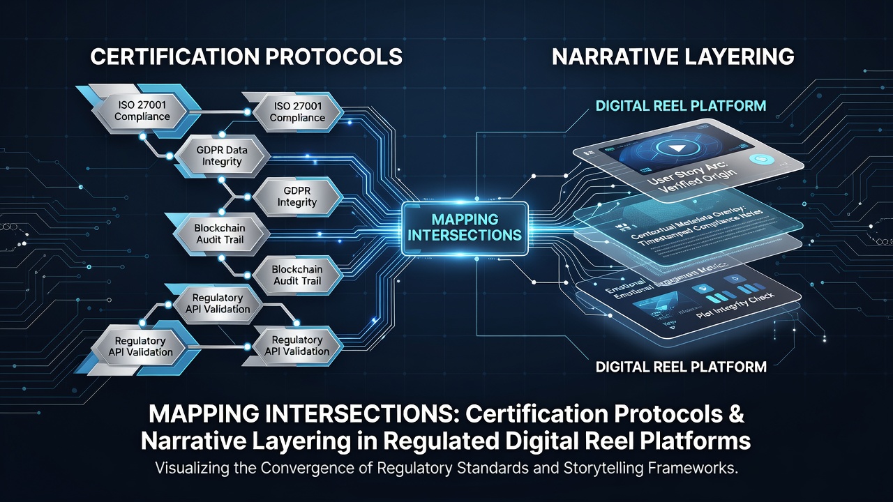 Digital reel interface showing certification seals alongside layered story panels in a regulated platform