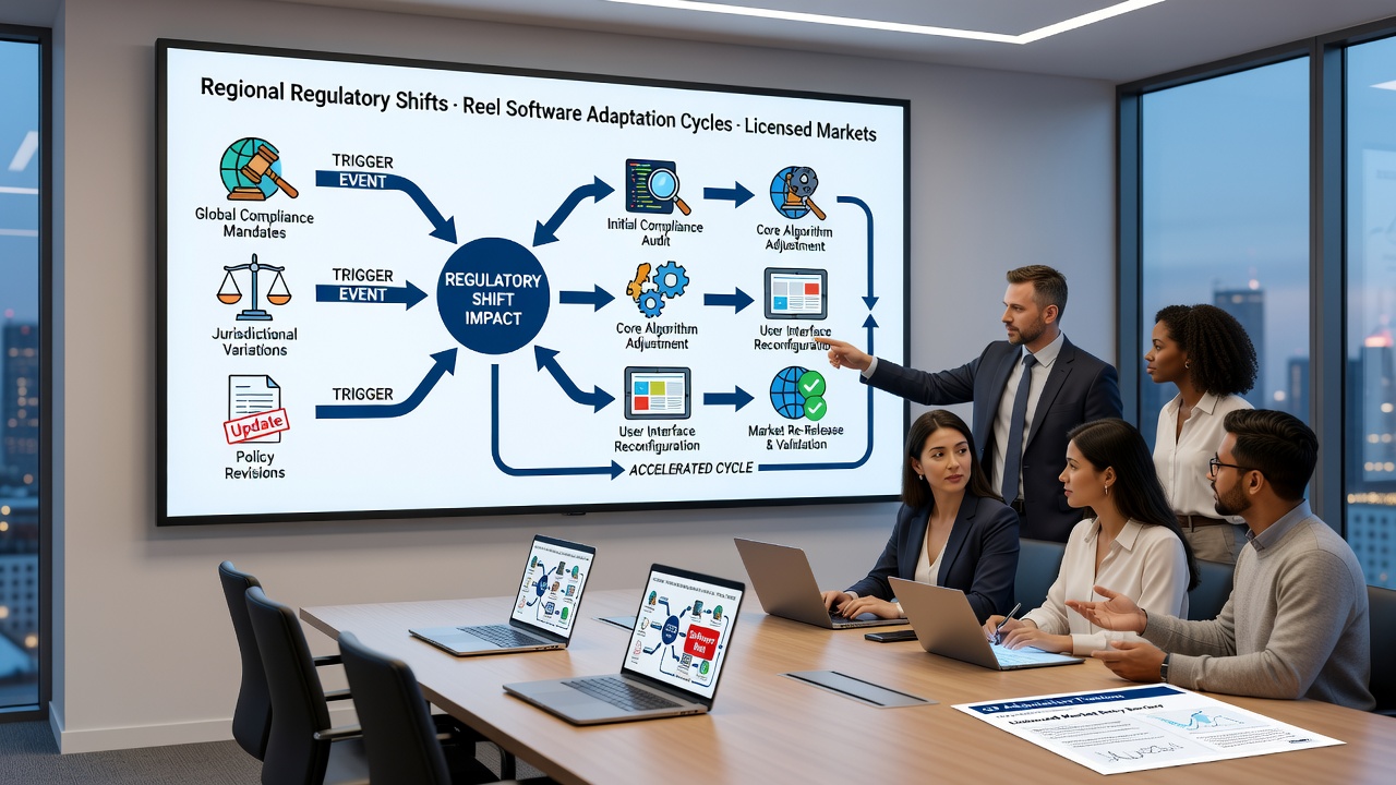 Technical workflow showing reel software adaptation processes under varying regulatory conditions